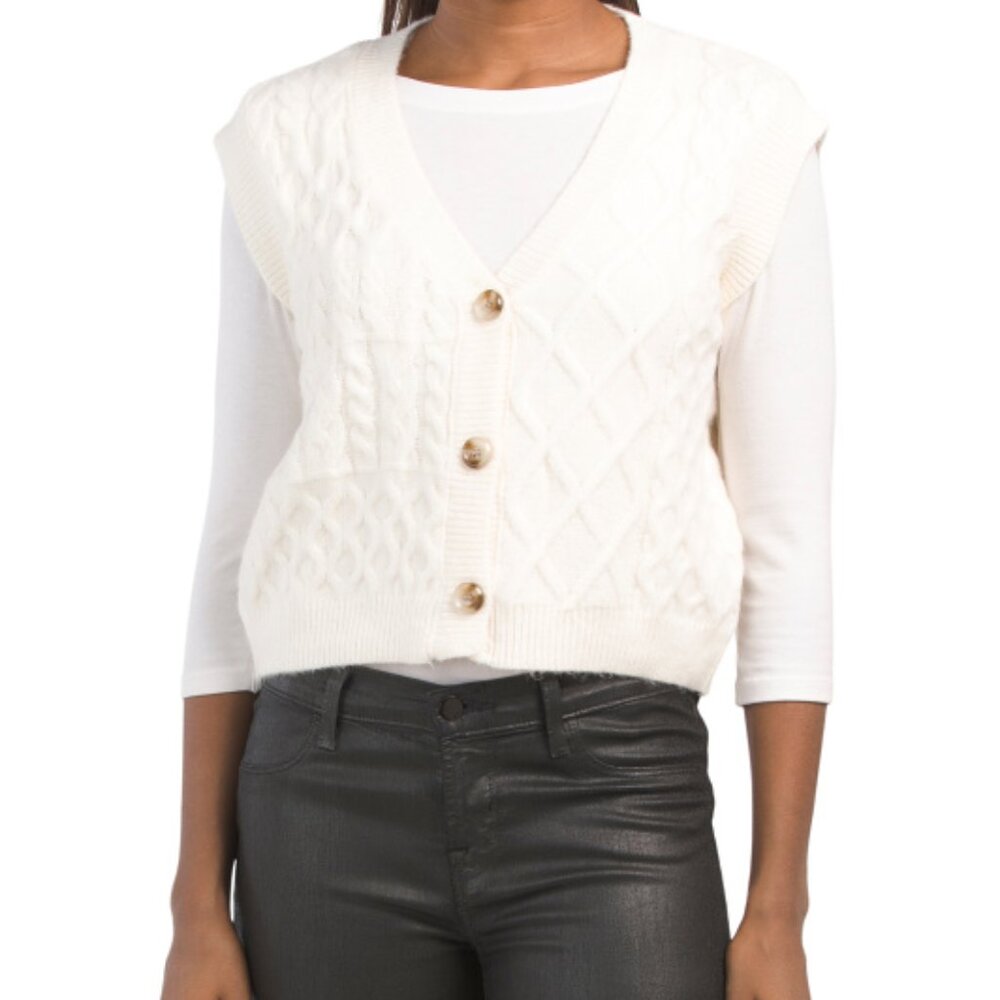 NWT sleeveless cable patchwork button down sweater vest XS V-neck coconut color